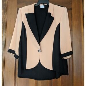 Hermann Lange Blazer Womens Sz 42 (12) Jackek Black Peach One Button 3/4 Sleeves